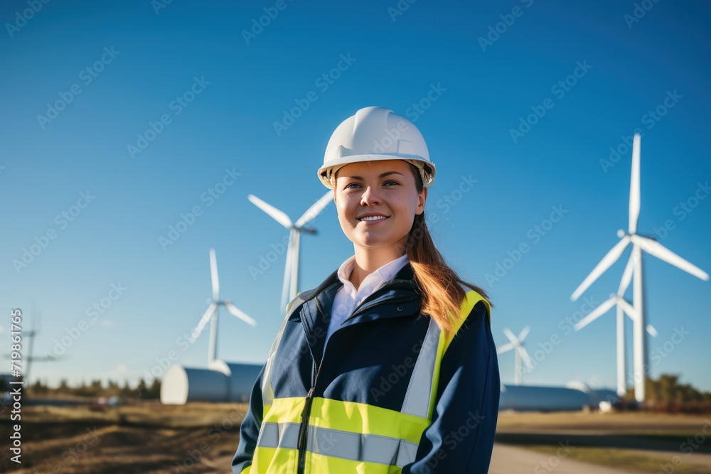 Confident female engineer with wind turbine field, Confident female engineer with wind turbine field,