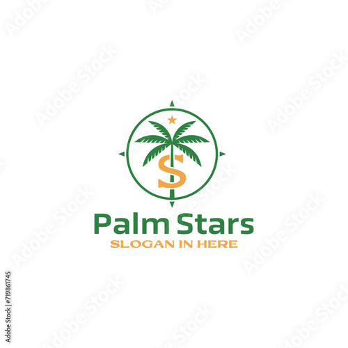 Minimalist Line Art Palm with S Letter and star for Hotel Resort Luxury Logo Design Simple Style