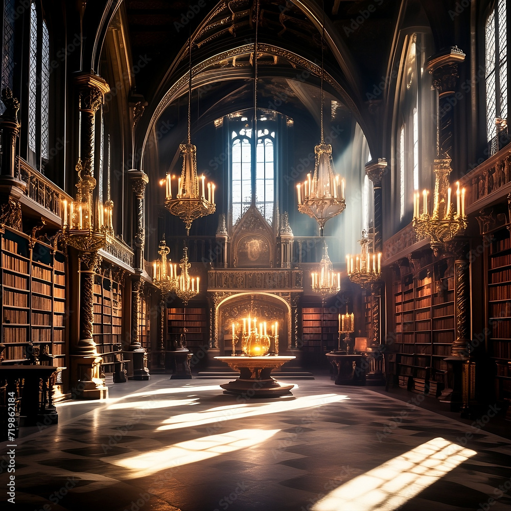 a sumptuous medieval library, filled with ancient tomes and lit by hanging chandeliers - obrazy, fototapety, plakaty 