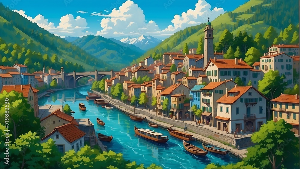 An illustration of a city on the banks of a river surrounded by mountains and trees