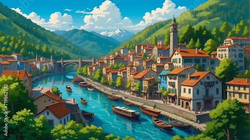 An illustration of a city on the banks of a river surrounded by mountains and trees