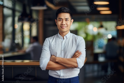 confident young asian entrepreneur standing in own company looking at camera arms crossed 