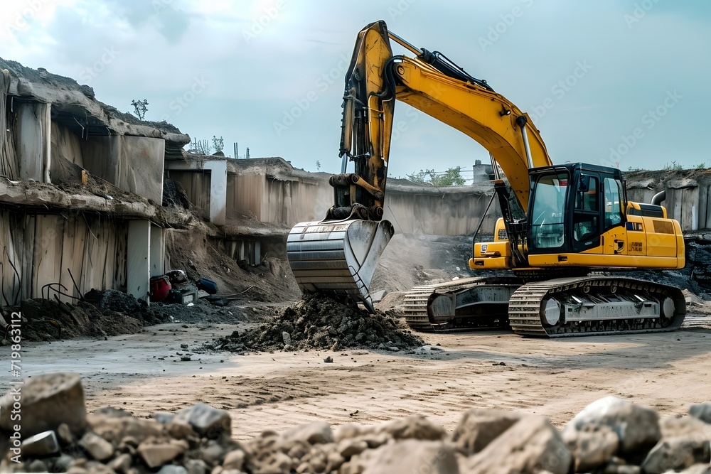 An excavator among a pile of garbage after dismantling an illegally constructed building. An excavator among a pile of garbage after dismantling an illegally constructed building.