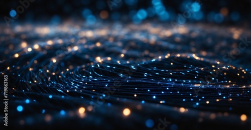 3d rendering of abstract wavy surface with glowing particles in empty space. Futuristic background with depth of field and bokeh effect.