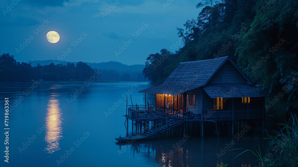Full Moon over Tranquil Lake House at Night A serene night scene with a ...