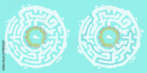 Maze for children, airplane ,city ,clouds, sky