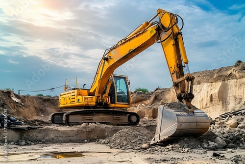 An excavator among a pile of garbage after dismantling an illegally constructed building.