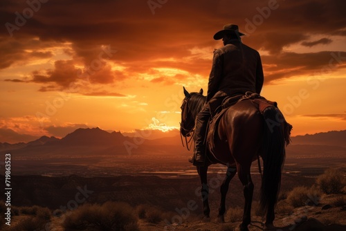 A lone cowboy rides across a vast desert landscape at sunset © CStock