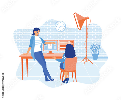 Video editors and coworkers work on client footage using post-production software. Works at a digital multimedia company. Video Editor concept. Flat vector illustration.
