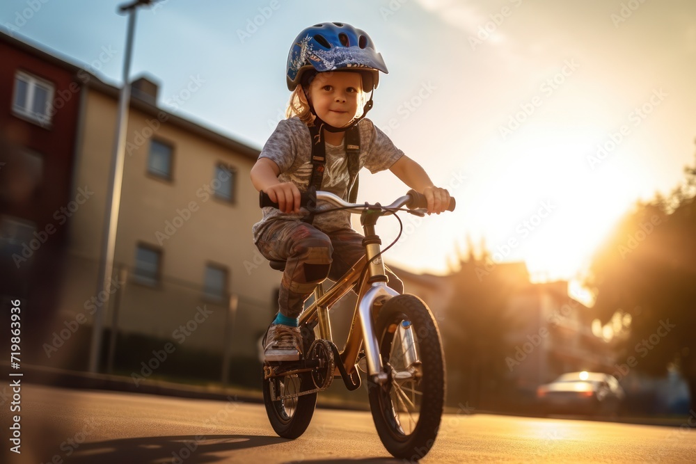 Cute child in helmet learns and rides a bike on a sunny day at sunset  - obrazy, fototapety, plakaty 