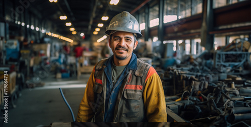 portrait of a man in a helmet, man standing in warehouse, man in the street, portrait of a person in the city, latino welder in spring in a steel warehouse that doe