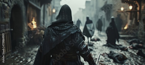 medieval criminal in dark robes back view