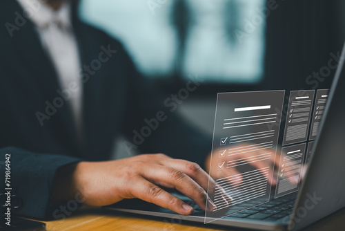 Businessman showing online document validation icon, Concepts of practices and policies, company articles of association Terms and Conditions, regulations and legal advice, corporate policy