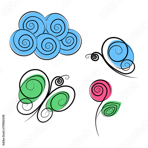 Butterflies, spiral cloud and blossom rose in trendy marker color. Ser of 4 stylized design elements