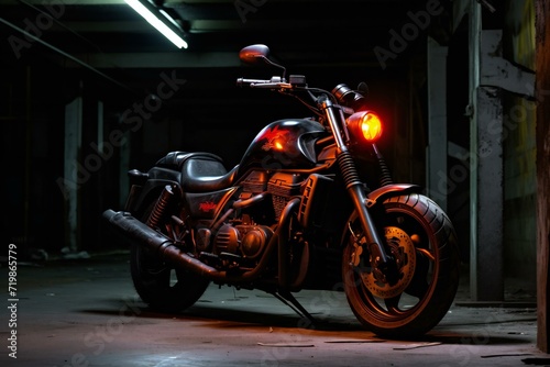 Motorcycle in garage at night   Selective focus with shallow depth of field