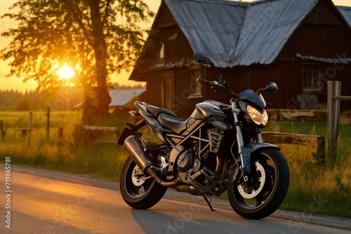 Motorcycle stands on the road in the rays of the setting sun