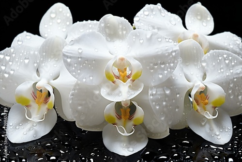 White orchid flowers on black background with water drops, spa concept