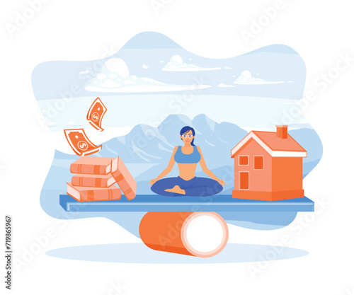 Young woman doing yoga on a seesaw. Maintain a balance between the house model and the pile of books. House Model Balance Equilibrium Concept. Flat vector illustration.