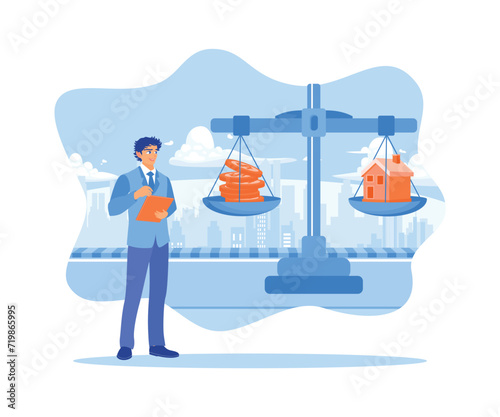 A businessman weighs a model of a small house and a pile of coins. House Model Balance Equilibrium Concept. Flat vector illustration.