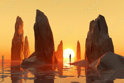 Illustration of a man standing on a rock in the sea © Cuong