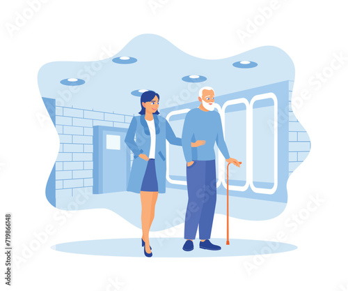 Female doctor with male elderly patient practicing walking using a cane in a nursing home. Elderly Patient concept. Flat vector illustration.
