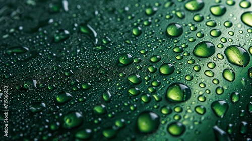 Close shot of water drops on dark green beverage aluminum can a nice backdrop for product use, Generative AI. photo