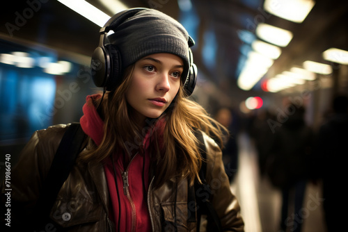 Metro Escapade: A mid-range shot of a teenage girl in urban-chic attire navigating the city's metro system. Use a slightly elevated angle to capture the bustling movement.