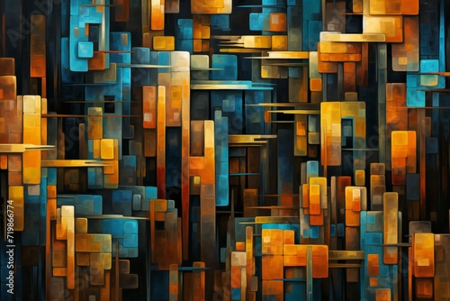 Abstract background of geometric shapes in shades of orange, blue and brown