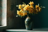 Bouquet of yellow flowers in a vase on the windowsill