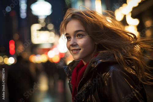 Nighttime Adventure: Capture the energy of a teenage girl navigating the city streets at night. Use a mix of ambient and artificial lighting to convey the vibrant nightlife. 