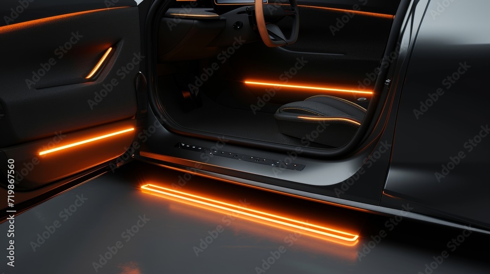 Fototapeta premium A zoomedin view of a car door being od showcasing the sleek and streamlined door sill with neonlit accents in orange giving the vehicle a sporty and modern look.