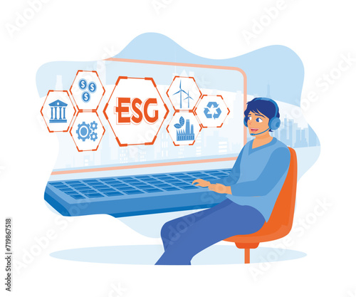 The man is using headphones and sitting in front of the computer. Businessman analyzes ESG. The concept of ESG icon. flat vector modern illustration 