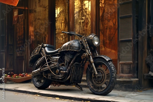 Vintage motorcycle parked in the old town of Bangkok, Thailand