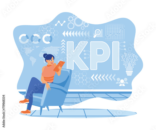 Young woman using digital tablet. Sitting on a chair with a KPI background. Smart KPI concept. flat vector modern illustration 