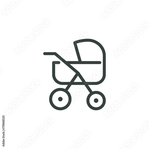 Thin Outline Icon Baby Carriage or Baby Buggy. Such Line Sign as Perambulator, Baby Transport. Vector Isolated Pictogram for Web and App on White Background Editable Stroke.