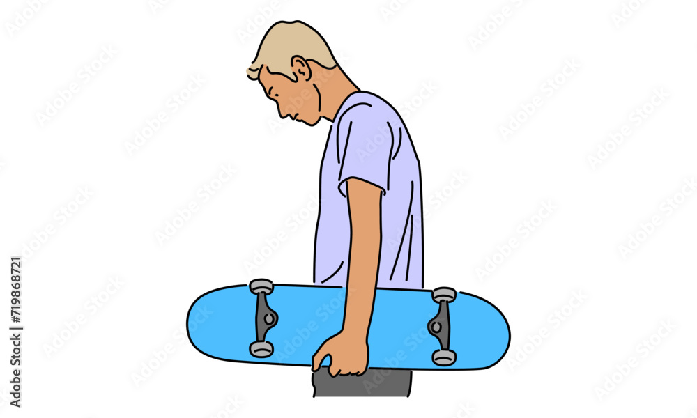line art color of man holding skateboard vector illustration