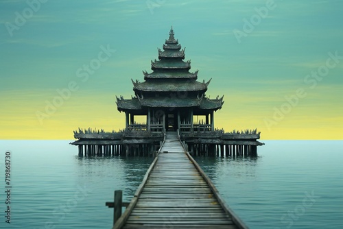 Wooden bridge leading to the temple in the sea at sunset © Cuong