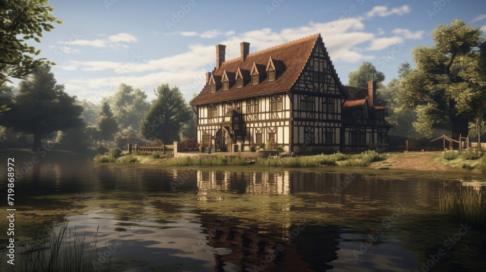 the medieval noble manor over by a pond the medieval noble manor over by a pond