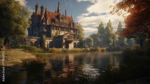 the medieval noble manor over by a pond photo