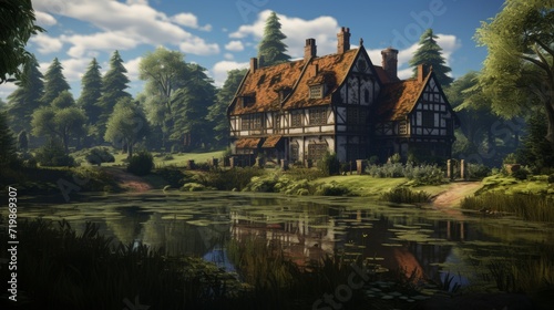 the medieval noble manor over by a pond © ProArt Studios