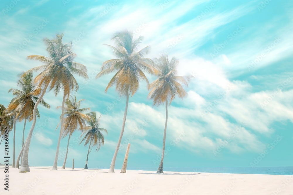 Palm trees on a tropical beach with blue sky and white clouds