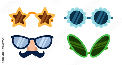Glasses vector icon set. Stylish sunglasses in the shape of a star, flower, alien eyes. Funny mask with a mustache, nose. Colorful 60s accessories, groove style. For a disco party, carnival, festival