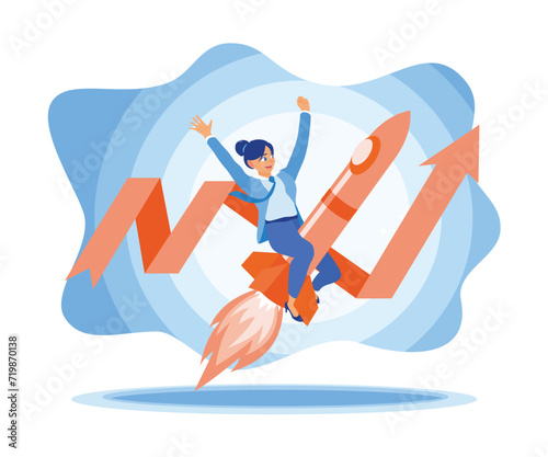 Young businesswoman riding a rocket. Starting a new business idea towards success. Businessman holding rocket concept.  flat vector modern illustration 