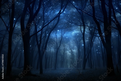 Mystical dark forest at night with fog