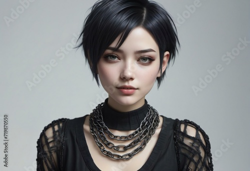 Portrait of a beautiful asian woman with short black hair and necklace
