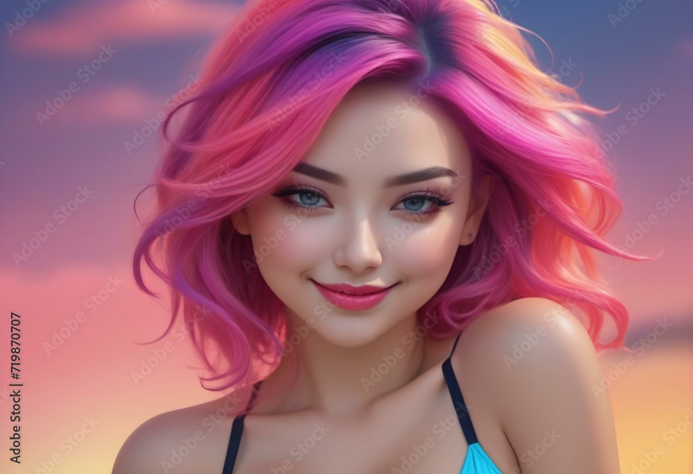 Illustration of a beautiful girl with pink hair and blue dress