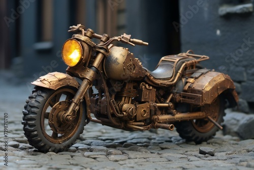 Vintage motorcycle on the cobblestone street in Prague  Czech Republic