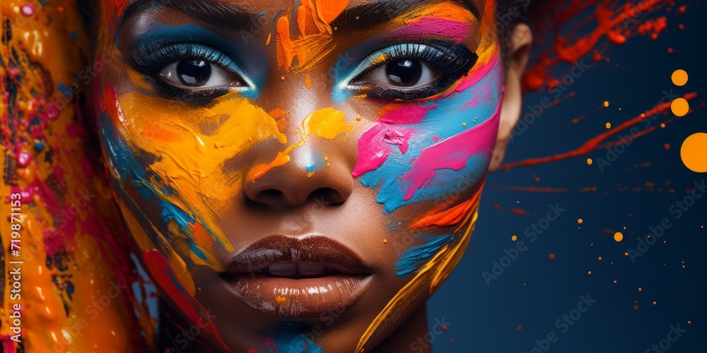 female with colorful make up. Beautiful fashion model with creative art makeup. Abstract colourful splash make-up. Holi festival