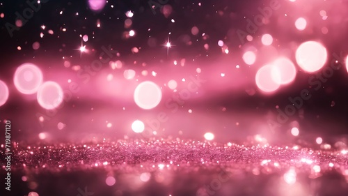 Pink shining sparkles on black background. Luxury bokeh background.	