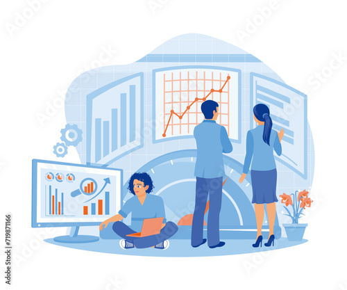 Three company employees compare, test and analyze company business charts using laptops, computers and virtual screens. Benchmarking concept. flat vector modern illustration